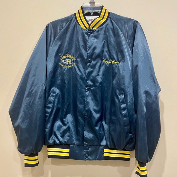 Y2K SATIN VARSITY BOMBER JACKET WESTSTARK TRENDY  SZ L BLUE/YELLOW MADE IN USA - Picture 9 of 16